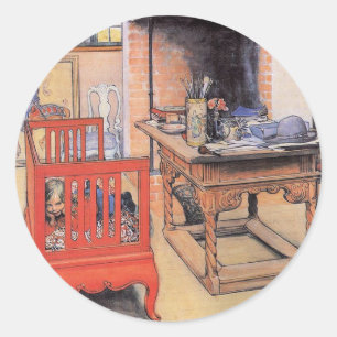 Pegatina Redonda Pintura de Carl Larsson, Peek-a-Boo,