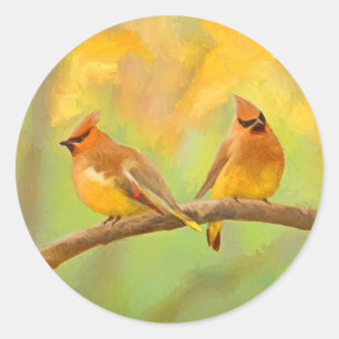 Pegatina Redonda Pintura de cedro Waxwing - Arte de perro original