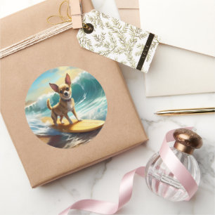 Pegatina Redonda Pintura de Chihuahua Beach Surfing