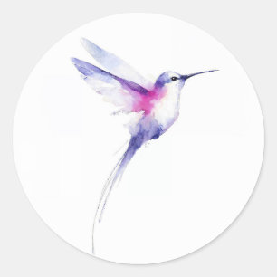Pegatina Redonda Pintura de colibrí acuarela púrpura rosa