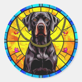 Pegatina Redonda Pintura de cristal manchado con un perro negro