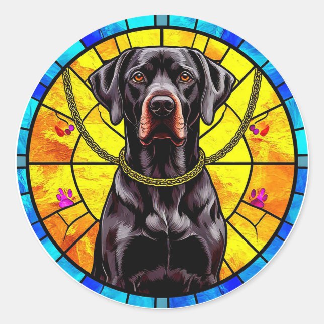 Pegatina Redonda Pintura de cristal manchado con un perro negro (Anverso)
