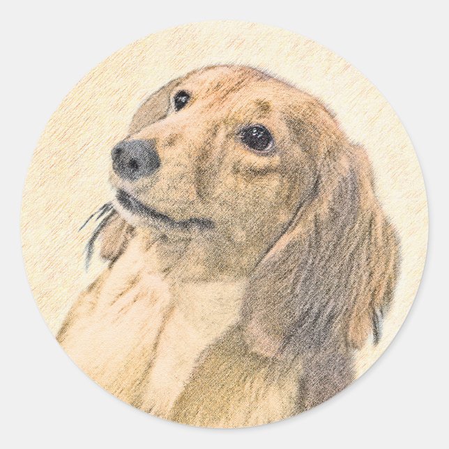 Pegatina Redonda Pintura de Dachshund (de cabello largo) - Arte Per (Anverso)