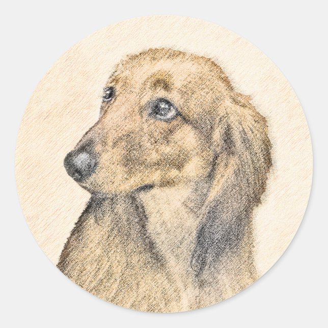 Pegatina Redonda Pintura de Dachshund (de cabello largo) - Arte Per (Anverso)