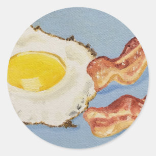 Pegatina Redonda Pintura de desayuno con tocino y huevo
