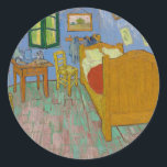 Pegatina Redonda Pintura de dormitorio Vincent Van Gogh<br><div class="desc">Pintura de obra maestra Van Gogh - Esta pintura de Vincent van Gogh llamada The Bedroom es una pintura de su habitación de 1889,  en el Instituto de Arte de Chicago. Era su dormitorio en Arles,  Francia,  que decoró y creó este cuadro de su dormitorio.</div>