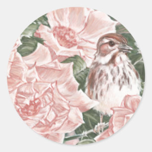 Pegatina Redonda Pintura de flor con resplandor de canto y rosas ro