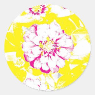 Pegatina Redonda Pintura de flores en Dahlia de verano amarillo y r
