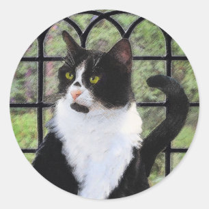 Pegatina Redonda Pintura de gato de Tuxedo - Arte de gato original 