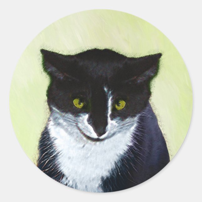 Pegatina Redonda Pintura de gatos de Tuxedo - Arte de gatos origina (Anverso)