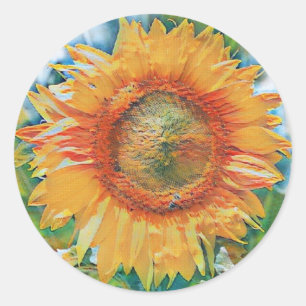 Pegatina Redonda Pintura de girasol amarillo y naranja