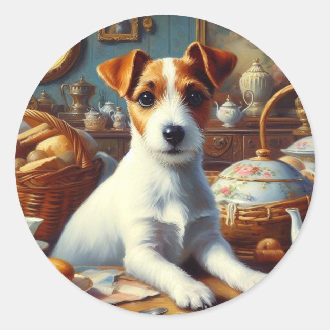 Pegatina Redonda Pintura de Jack Russell Terrier (Anverso)