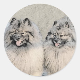 Pegatina Redonda Pintura de Keeshond Brothers - Arte Perro Original