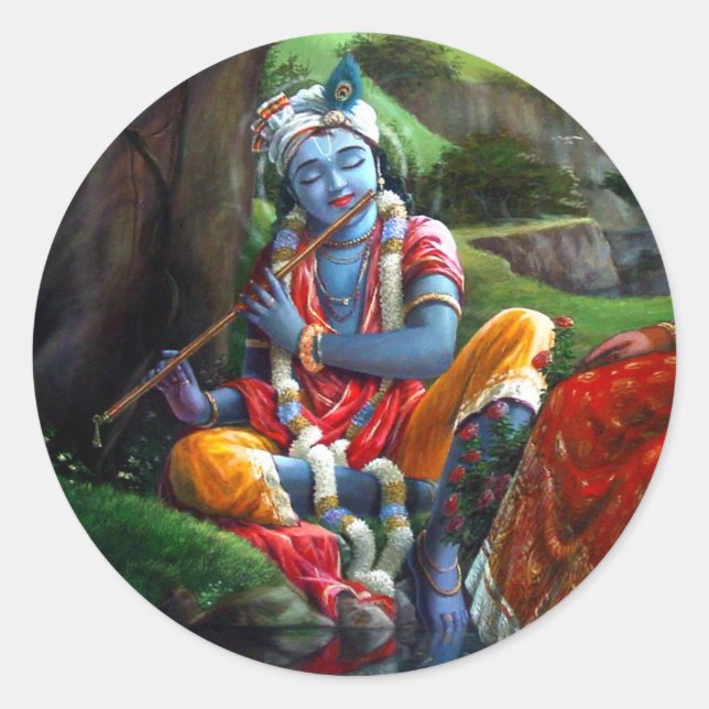 Pegatina Redonda Pintura de Krishna (mitología india) (Anverso)