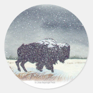 Pegatina Redonda Pintura de la acuarela del bisonte de Snowdusted