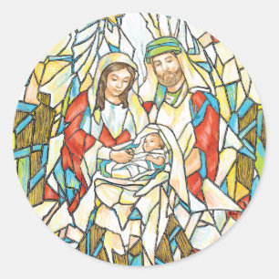 Pegatina Redonda Pintura de la natividad del vitral