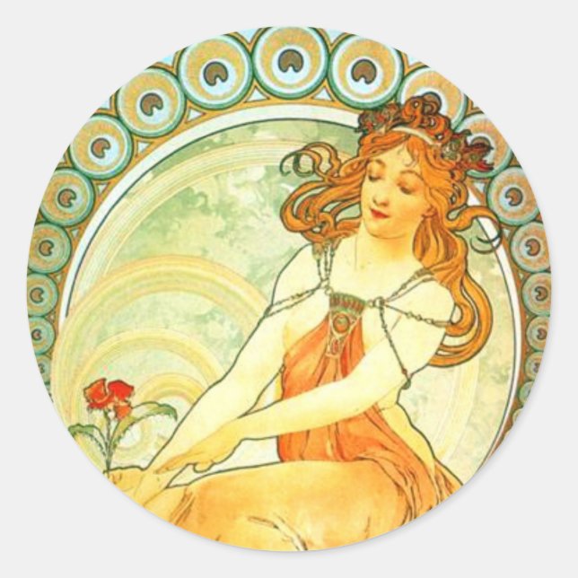 Pegatina Redonda Pintura. De la serie de arte de Mucha (Anverso)