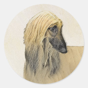 Pegatina Redonda Pintura de Lebrel Afgano - Arte de Perro Original