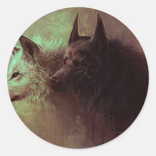 Pegatina Redonda Pintura de lobo negro y lobo blanco.