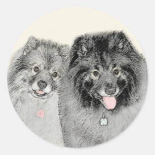 Pegatina Redonda Pintura de madre y hijo Keeshond - Arte de perro o