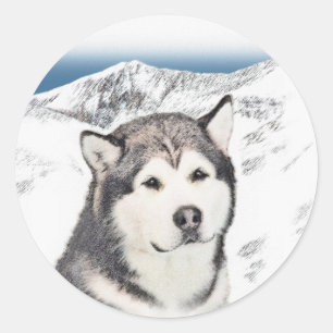 Pegatina Redonda Pintura de Malamute de Alaska - Arte de Perro Orig