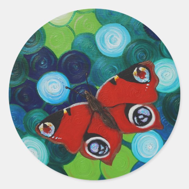 Pegatina Redonda Pintura de mariposa pavo (Anverso)