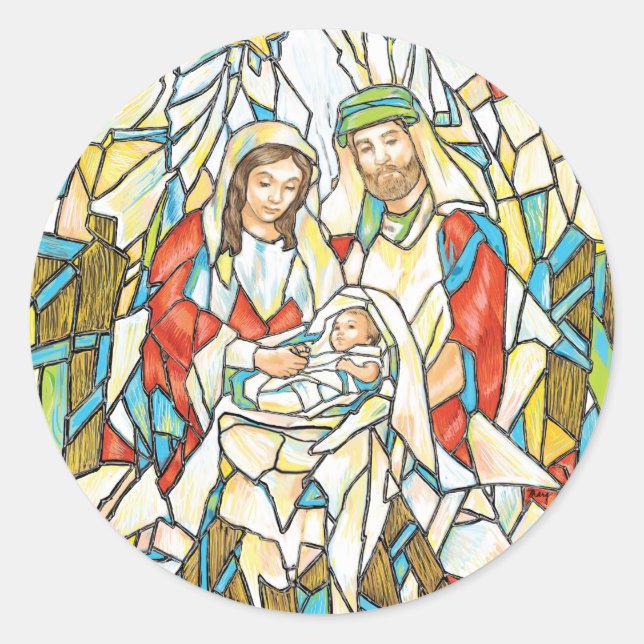 Pegatina Redonda Pintura de natividad de vidrio manchado (Anverso)