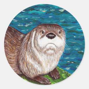 Pegatina Redonda Pintura de nutria de río descarada