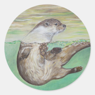 Pegatina Redonda Pintura de nutria de río juguetona