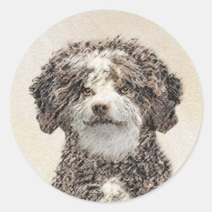 Pegatina Redonda Pintura de Perro de Agua Español - Arte Perro Orig