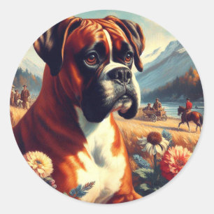 Pegatina Redonda Pintura de perro de Boxer de época