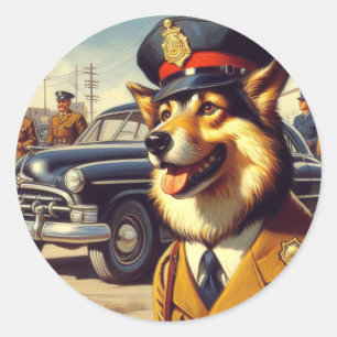 Pegatina Redonda Pintura de perro de la policía retro
