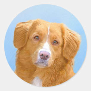 Pegatina Redonda Pintura de perro de la recuperación del pato de Nu