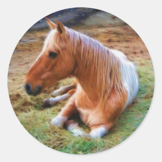 Pegatina Redonda Pintura de reposo de caballos Palomino Pinto