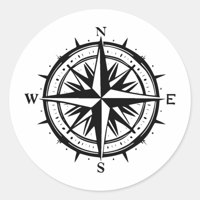 Pegatina Redonda Pintura de Rosa de brújula negra y blanca (Anverso)