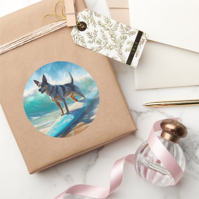 Pegatina Redonda Pintura de surf Blue Heeler Beach (Regalar)