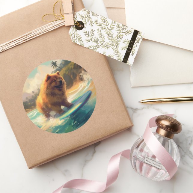 Pegatina Redonda Pintura de surf Chow Chow Beach (Regalar)