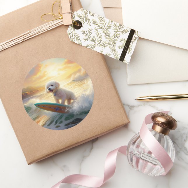 Pegatina Redonda Pintura de surf de Bichon Frise Beach (Regalar)