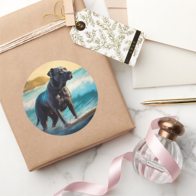 Pegatina Redonda Pintura de surf de Cane Corso Beach (Regalar)