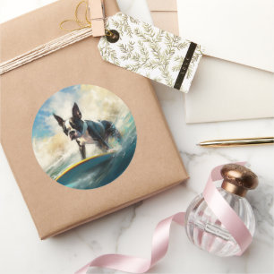 Pegatina Redonda Pintura de surf en Boston Terrier Beach