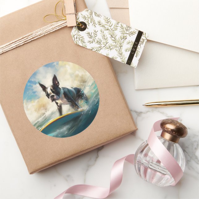 Pegatina Redonda Pintura de surf en Boston Terrier Beach (Regalar)