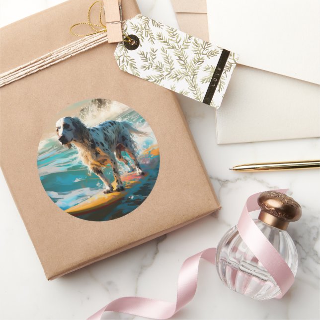 Pegatina Redonda Pintura de surf en English Setter Beach (Regalar)