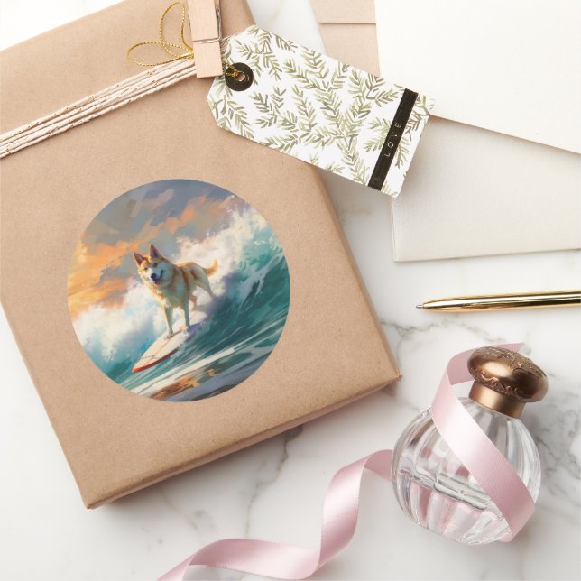 Pegatina Redonda Pintura de surf en la playa de Akita (Regalar)