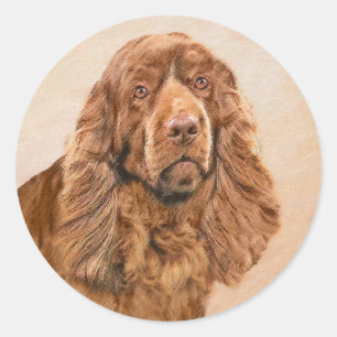 Pegatina Redonda Pintura de Sussex Spaniel - Arte de Perro Original