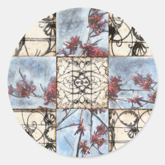 Pegatina Redonda Pintura de trabajo en panel abstracto (Anverso)