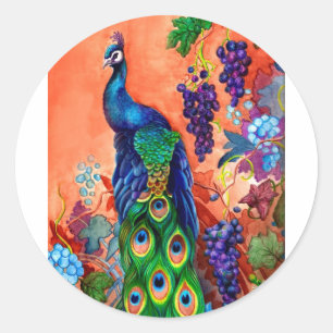 Pegatina Redonda Pintura de uva de pavo real