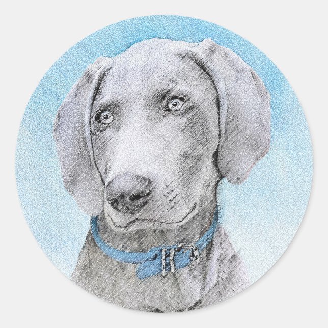 Pegatina Redonda Pintura de Weimaraner - Arte de Perro Original. (Anverso)