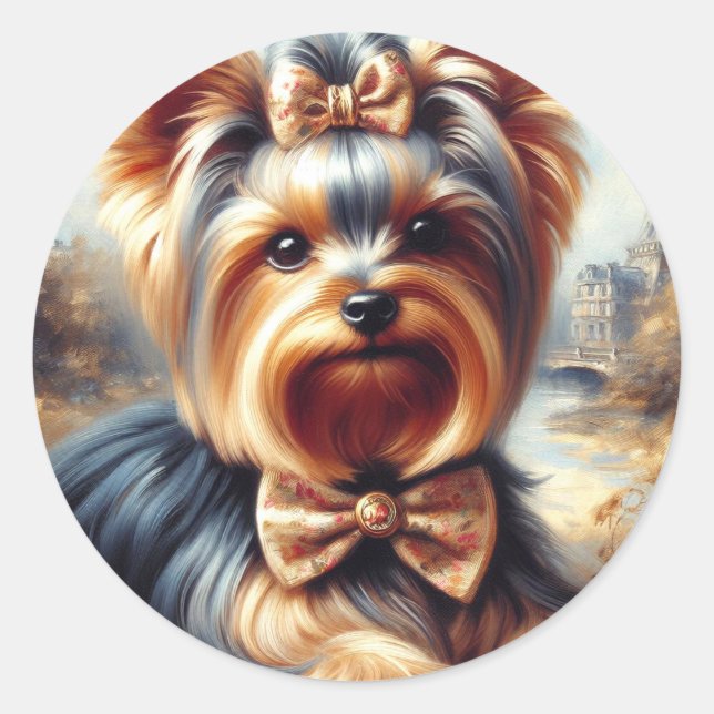 Pegatina Redonda Pintura de Yorkshire Terrier (Anverso)