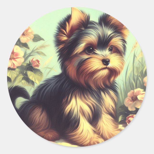 Pegatina Redonda Pintura de Yorkshire Terrier (Anverso)