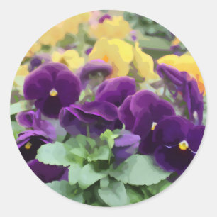 Pegatina Redonda Pintura digital de flores moradas y Naranjas